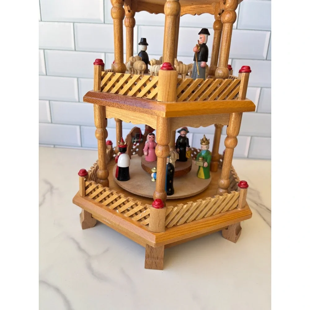 Vintage Christmas Pyramid 3 Tier Wooden‎ Nativity Shepherd Carousel NO FAN